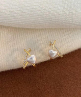 Pendientes de plata de ley dorada con circonitas y perlas